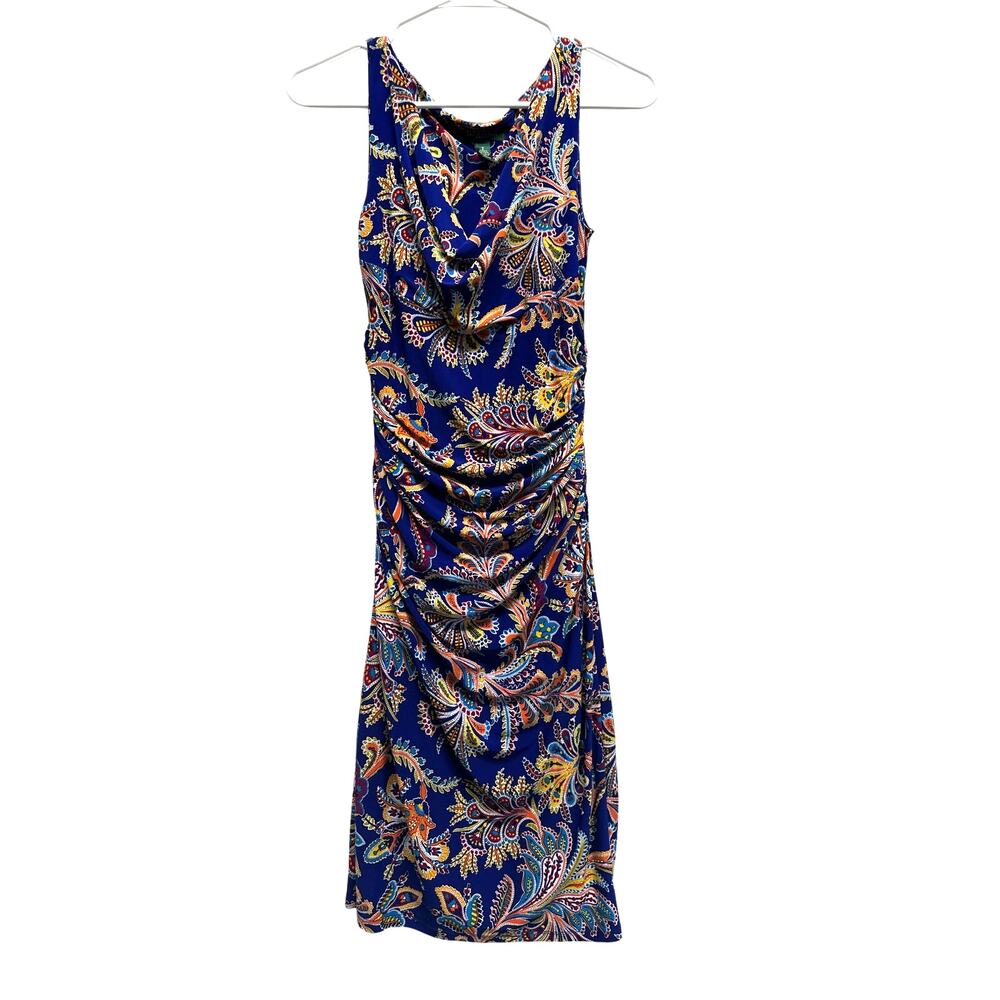 Lauren Ralph Lauren Paisley Ruched Cowl Neck Dress | Size 2 Vibrant Blue